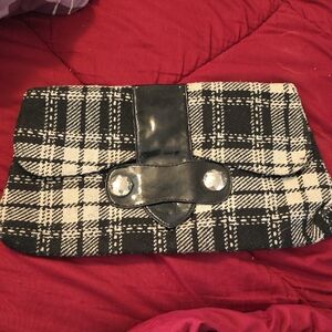 Black and White Plaid Clutch with Patent Trim